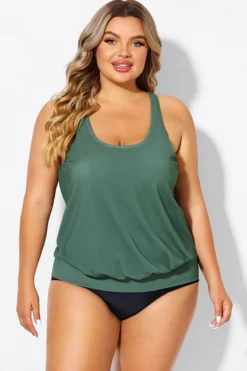 Army Green Racerback Tummy Control Blouson Tankini Top 9 Army Green Racerback Tummy Control Blouson Tankini Top -Sandy Bikinis Shop b detan003011 4