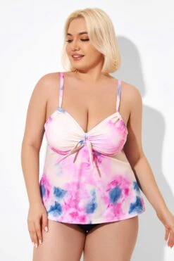 Tie Dye Tie Front Tankini Top For Lady