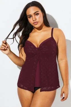Wine Flyaway Flowy Twist Front Tankini Top -Sandy Bikinis Shop b detan030002 33