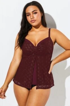 Wine Flyaway Flowy Twist Front Tankini Top -Sandy Bikinis Shop b detan030002 66