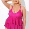 Pink V-neck Tankini Top With Ruffled Hem