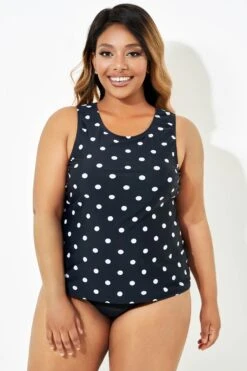 Black Fashionable Polka Dot Coverage Tankini Top
