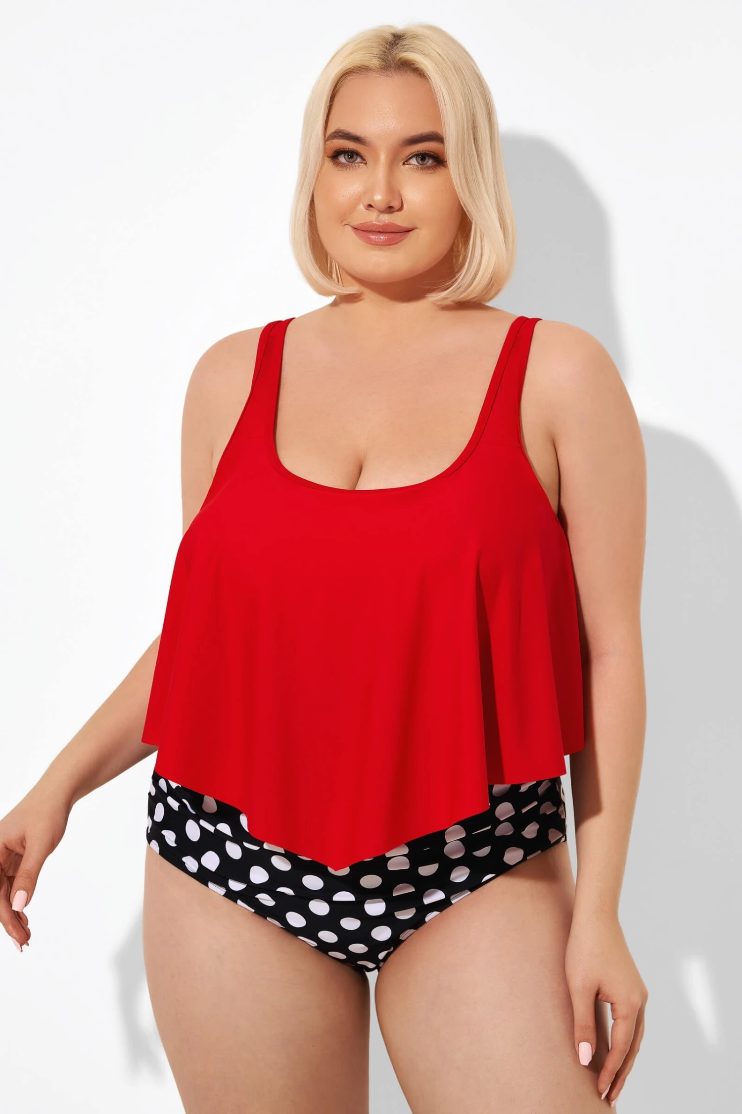Red Ruched Flounce U-neck Blouson Tankini Top 1 Red Ruched Flounce U-neck Blouson Tankini Top