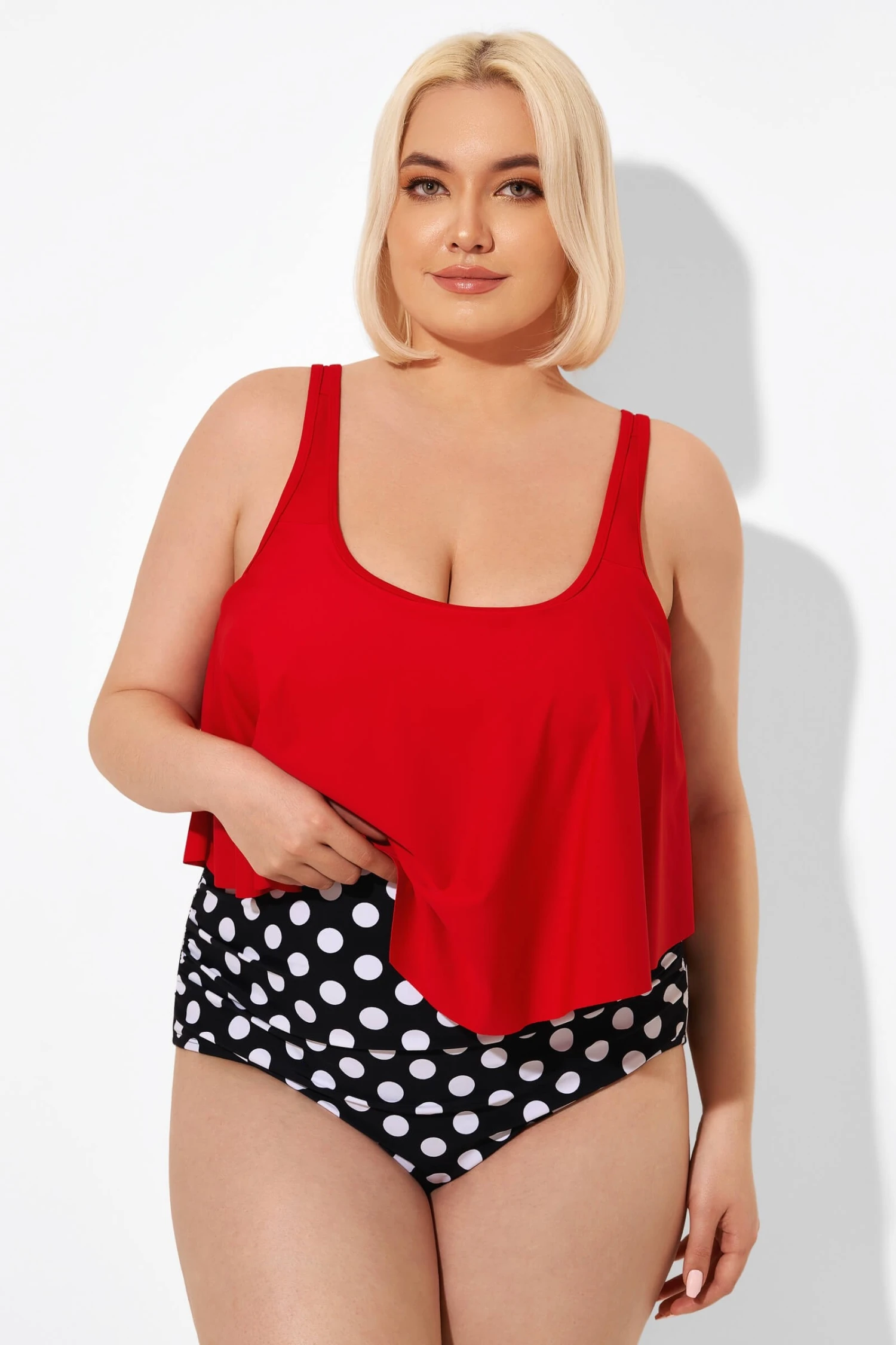 Red Ruched Flounce U-neck Blouson Tankini Top 2 Red Ruched Flounce U-neck Blouson Tankini Top - Image 2