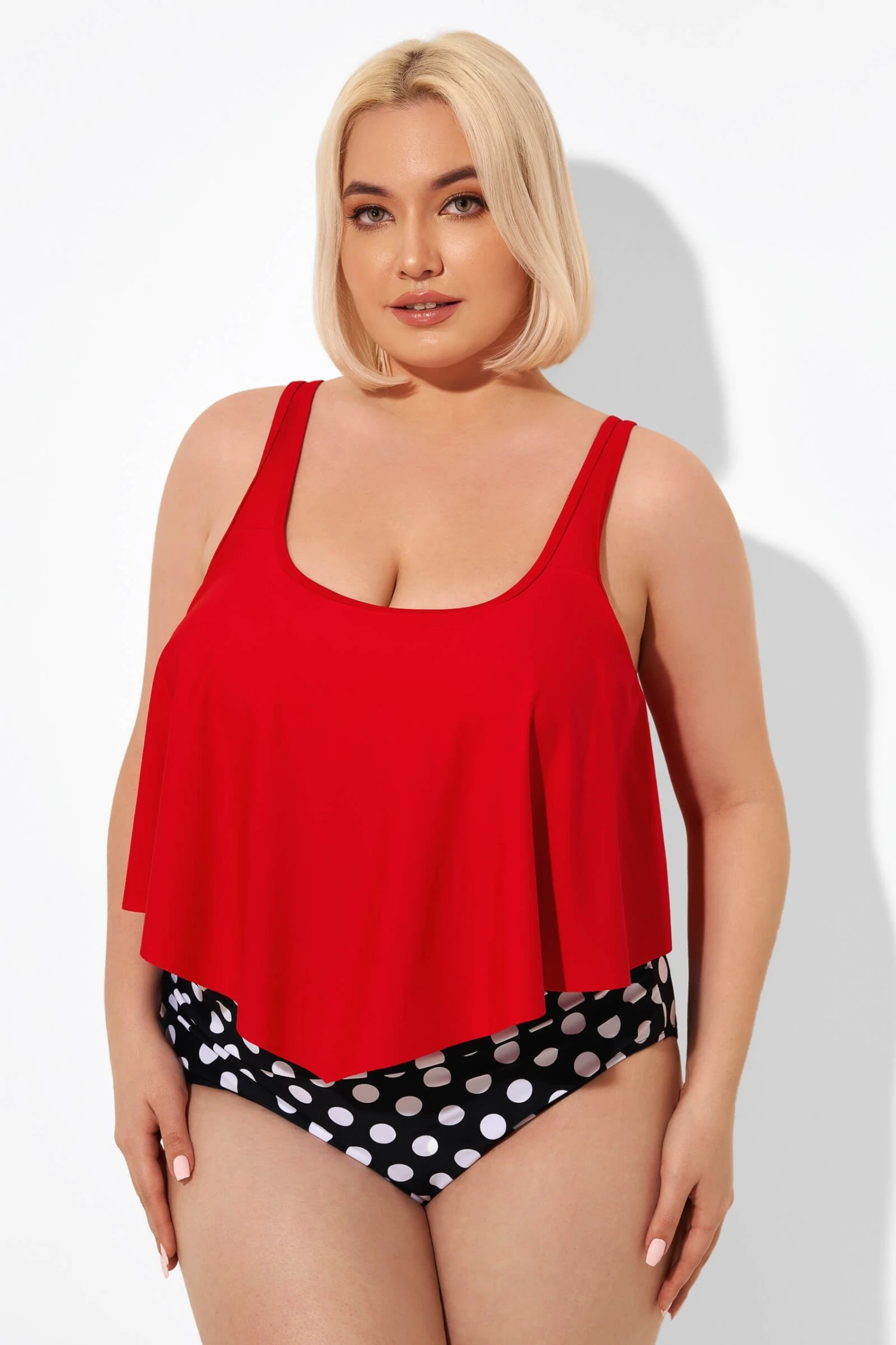 Red Ruched Flounce U-neck Blouson Tankini Top 4 Red Ruched Flounce U-neck Blouson Tankini Top - Image 4