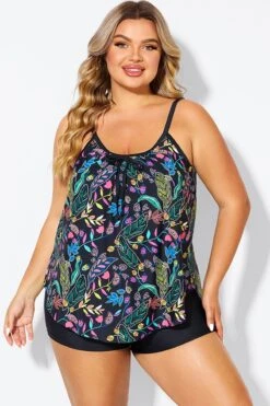 Black Spaghetti Strap Floral Print Tankini Top -Sandy Bikinis Shop b detan158002 3