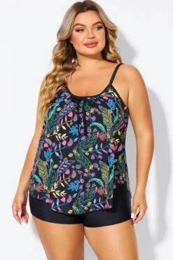 Black Spaghetti Strap Floral Print Tankini Top -Sandy Bikinis Shop b detan158002 4