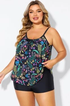 Black Spaghetti Strap Floral Print Tankini Top -Sandy Bikinis Shop b detan158002 5