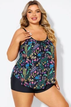 Black Spaghetti Strap Floral Print Tankini Top -Sandy Bikinis Shop b detan158002 6