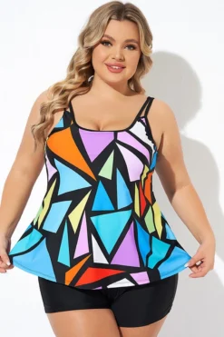 Colorful Adjustable Strap Geometric Print Tankini Top -Sandy Bikinis Shop b detan167001 5