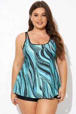 Vintage Cyan Double Straps Polka Dot Tankini Top -Sandy Bikinis Shop b detan167002 1