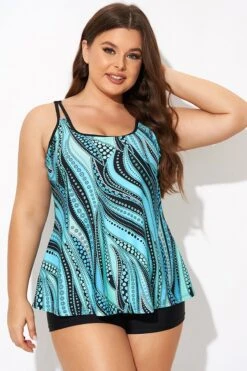 Vintage Cyan Double Straps Polka Dot Tankini Top -Sandy Bikinis Shop b detan167002 3