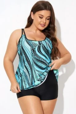 Vintage Cyan Double Straps Polka Dot Tankini Top -Sandy Bikinis Shop b detan167002 4