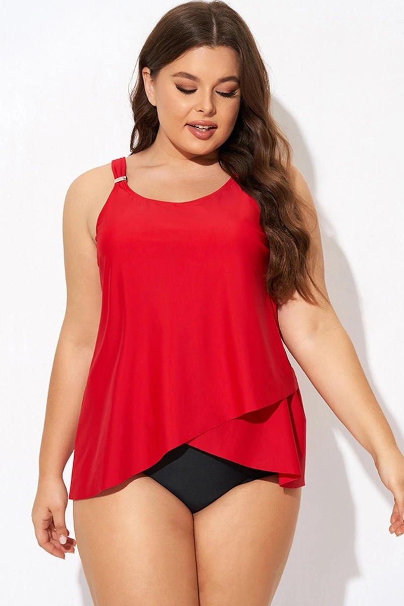 Solid Red Flowy Front Full Straight Back Tankini Top 1 Solid Red Flowy Front Full Straight Back Tankini Top