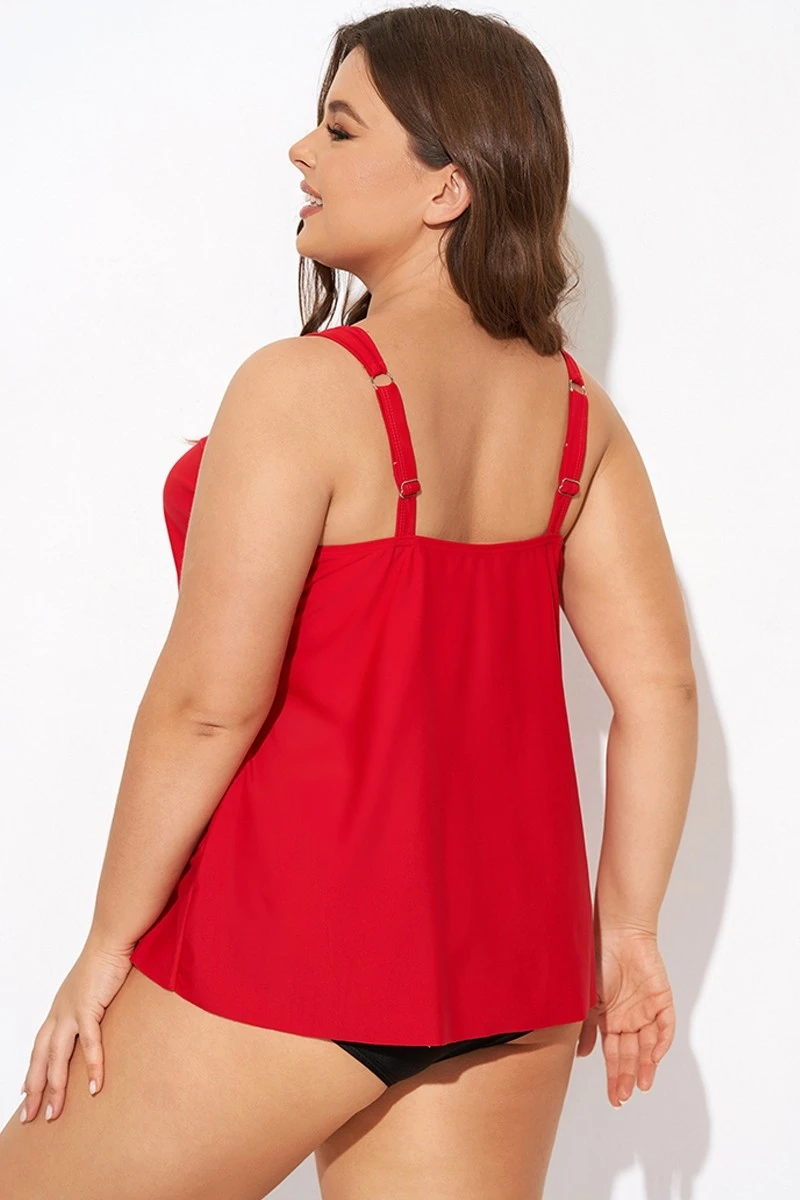 Solid Red Flowy Front Full Straight Back Tankini Top 2 Solid Red Flowy Front Full Straight Back Tankini Top - Image 2