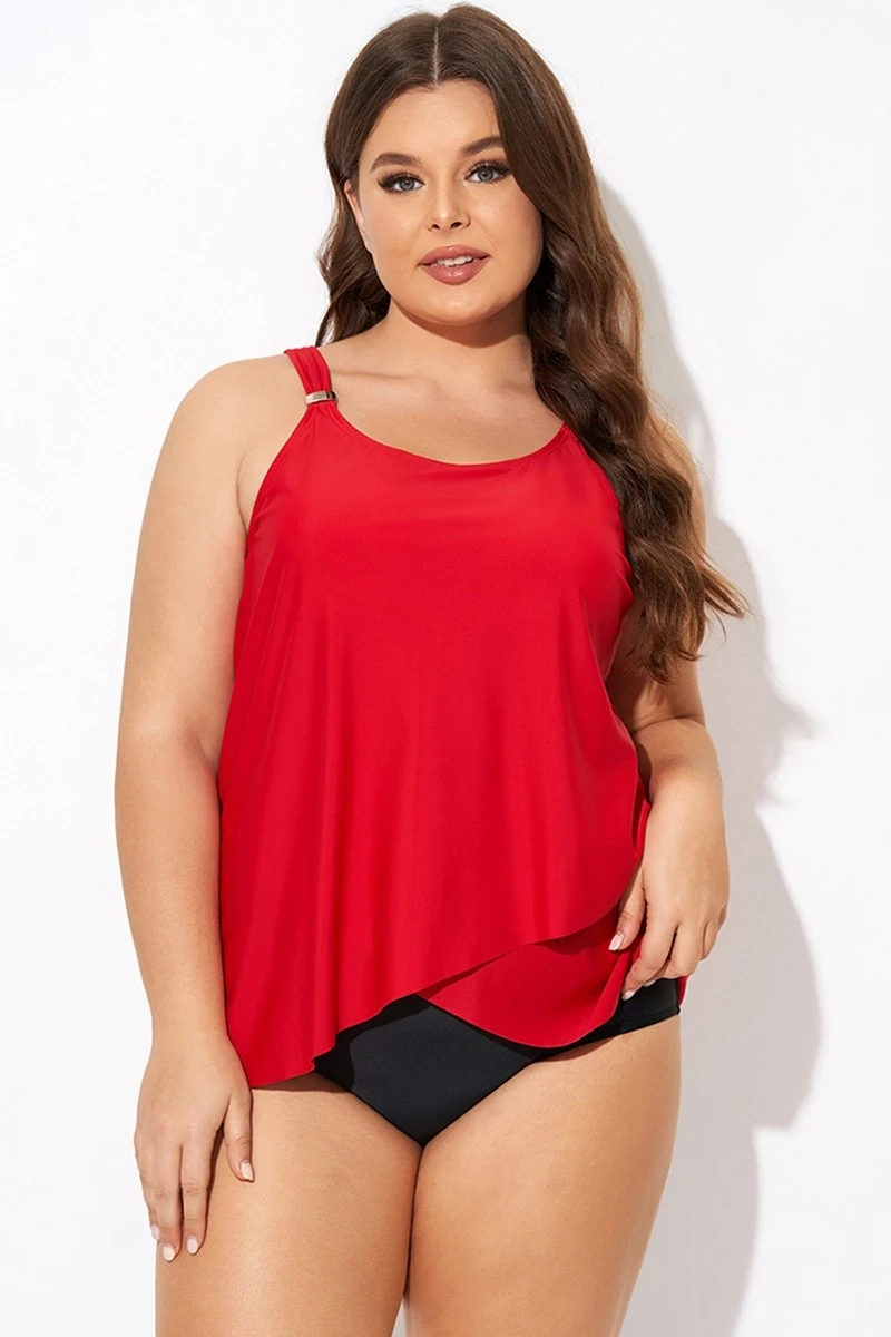 Solid Red Flowy Front Full Straight Back Tankini Top 3 Solid Red Flowy Front Full Straight Back Tankini Top - Image 3