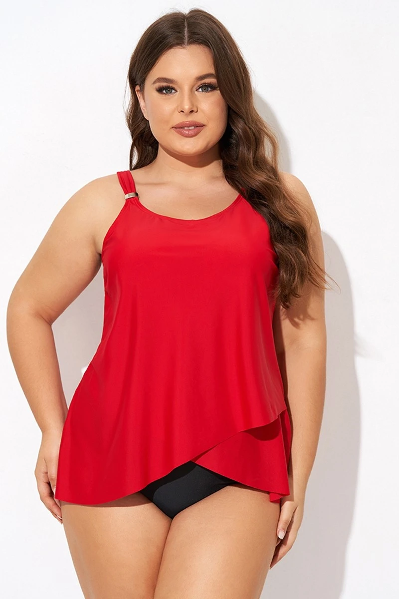 Solid Red Flowy Front Full Straight Back Tankini Top 4 Solid Red Flowy Front Full Straight Back Tankini Top - Image 4
