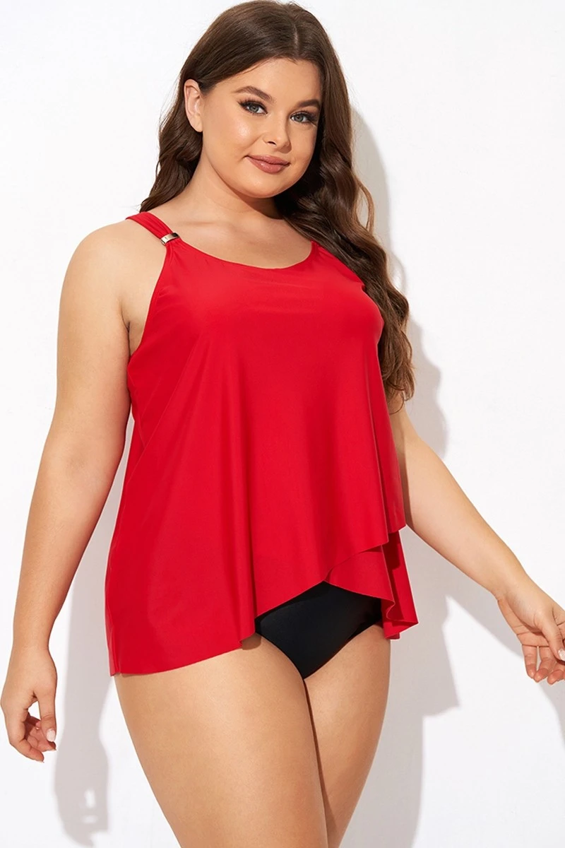 Solid Red Flowy Front Full Straight Back Tankini Top 6 Solid Red Flowy Front Full Straight Back Tankini Top - Image 6