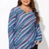 Multi Watercolor Stripe Split-Neck Long Sleeve Tankini Top