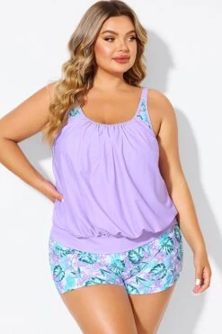 Plus Size Floral Print Light Purple Tankini Top -Sandy Bikinis Shop b detan175001 3