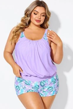 Plus Size Floral Print Light Purple Tankini Top -Sandy Bikinis Shop b detan175001 4