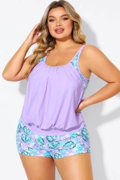 Plus Size Floral Print Light Purple Tankini Top -Sandy Bikinis Shop b detan175001 5