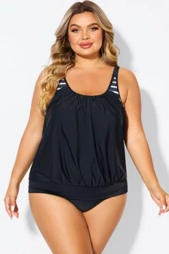 Black & White Striped Drawstring Side Tankini Top