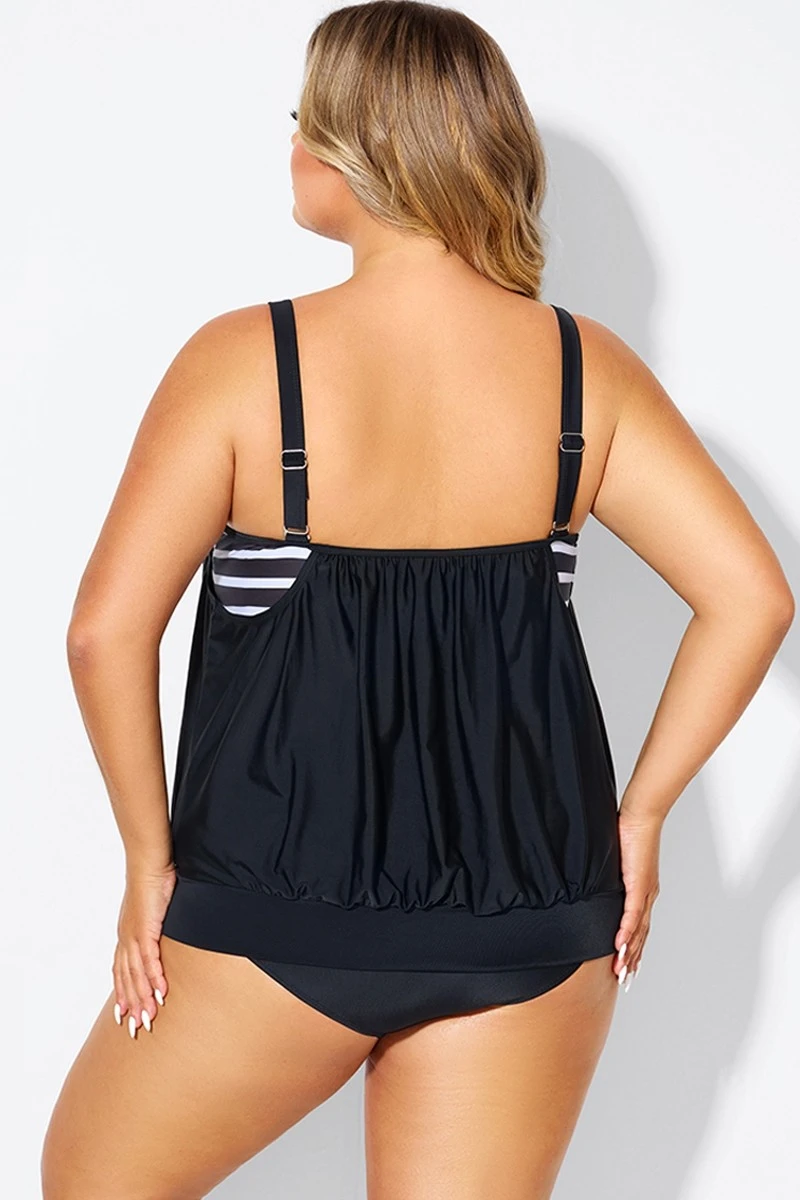 Black & White Striped Drawstring Side Tankini Top 2 Black & White Striped Drawstring Side Tankini Top - Image 2