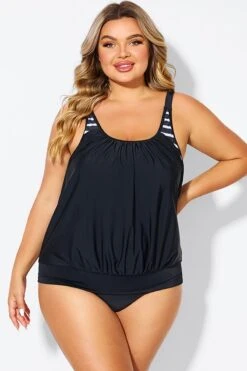 Black & White Striped Drawstring Side Tankini Top 8 Black & White Striped Drawstring Side Tankini Top -Sandy Bikinis Shop b detan175002 3