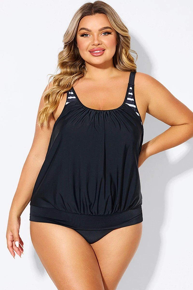 Black & White Striped Drawstring Side Tankini Top 3 Black & White Striped Drawstring Side Tankini Top - Image 3