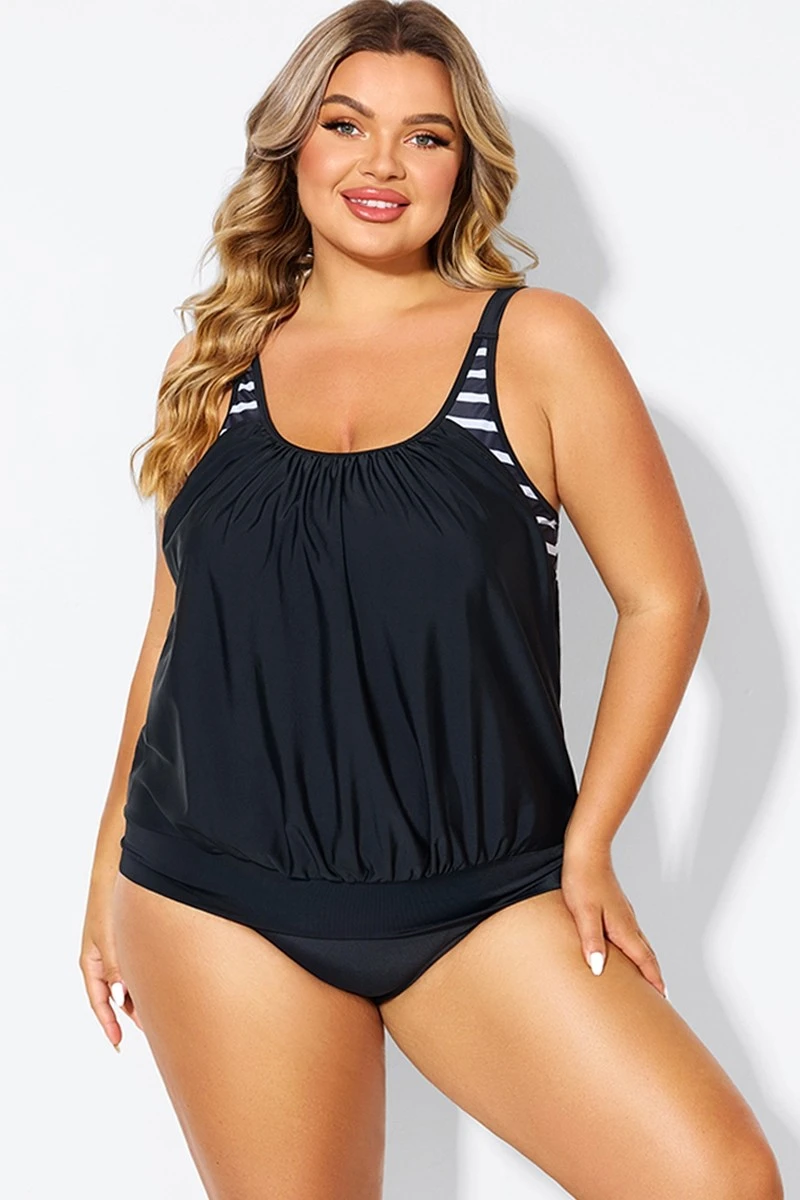 Black & White Striped Drawstring Side Tankini Top 4 Black & White Striped Drawstring Side Tankini Top - Image 4