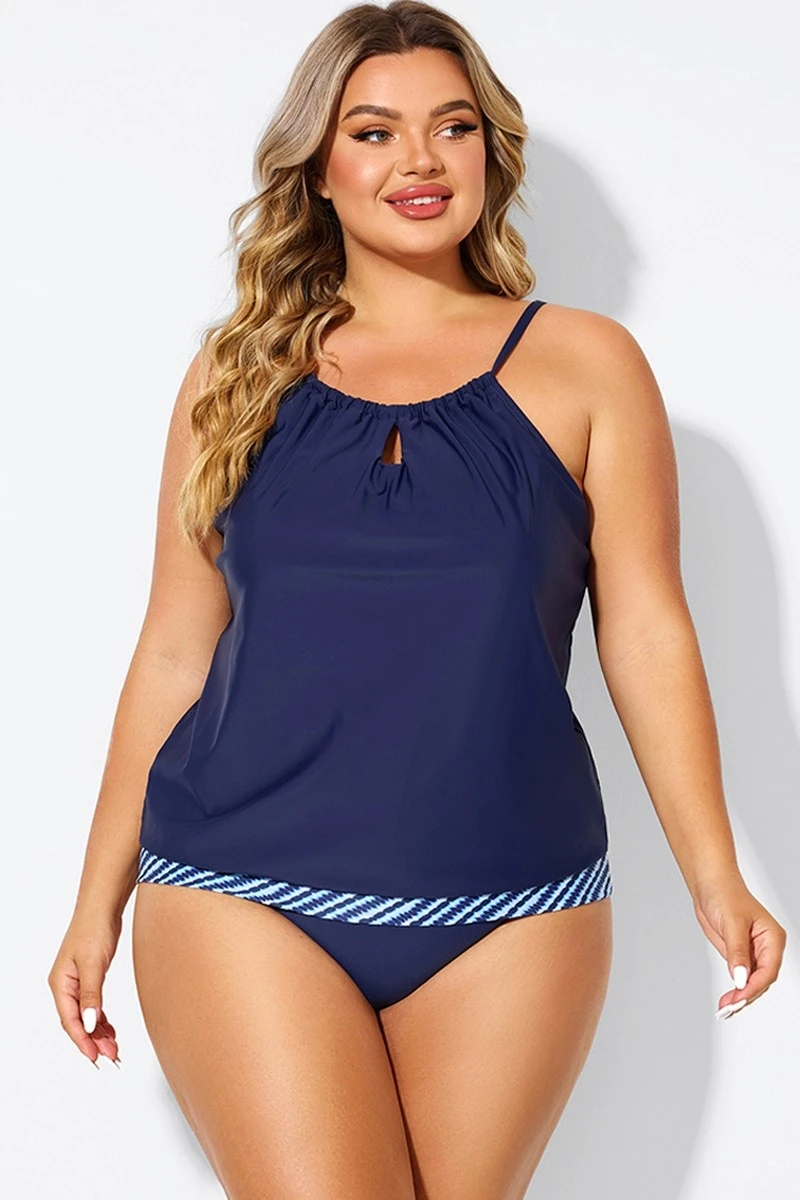 Navy High Neck Blouson Women Tankini Top 3 Navy High Neck Blouson Women Tankini Top - Image 3