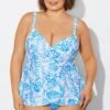 Blue Purple Palm Faux Flyaway Underwire Tankini Top