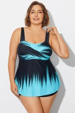 Cross Front Wide Strap Blue Ombre Tankini Top