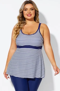 Blue＆White Stripe Adjustable Strap Tankini Top -Sandy Bikinis Shop b detan181001 1