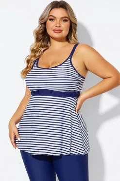 Blue&White Stripe Adjustable Strap Tankini Top