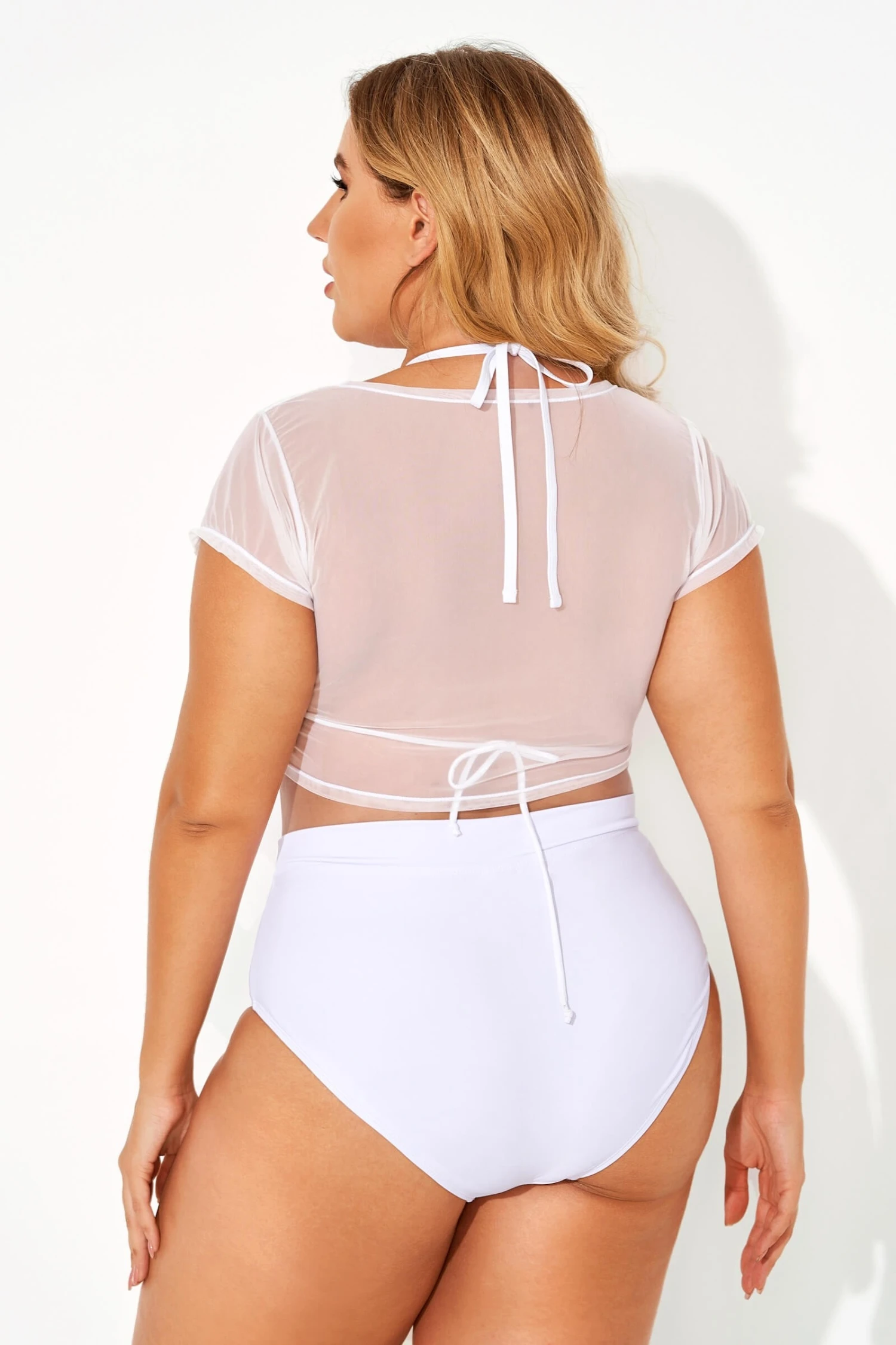 White Self-tie Halter Straps Mesh Crop Bikini Top 2 White Self-tie Halter Straps Mesh Crop Bikini Top - Image 2