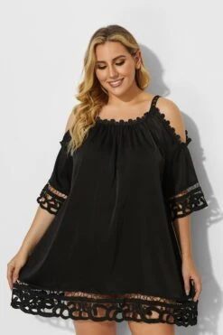 Black Crochet Off The Shoulder Cover Up Dress -Sandy Bikinis Shop b sfcu001 4