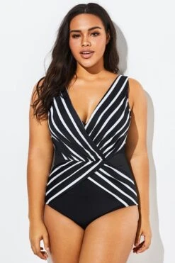 Black V-Neck Streak Modern One Piece Swimsuit -Sandy Bikinis Shop b sfop1911012 1