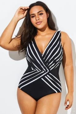 Black V-Neck Streak Modern One Piece Swimsuit -Sandy Bikinis Shop b sfop1911012 6