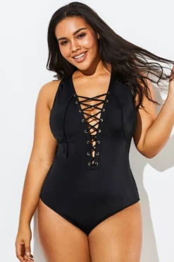 Black Lace Up One Piece Open Back Swimsuit -Sandy Bikinis Shop b sfop1911058 1