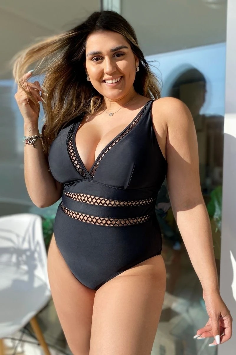 Black Lattice Plunge V-neck One Piece Swimsuit 1 Black Lattice Plunge V-neck One Piece Swimsuit