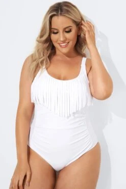 White Fringe One-Piece Swimsuits For Lady