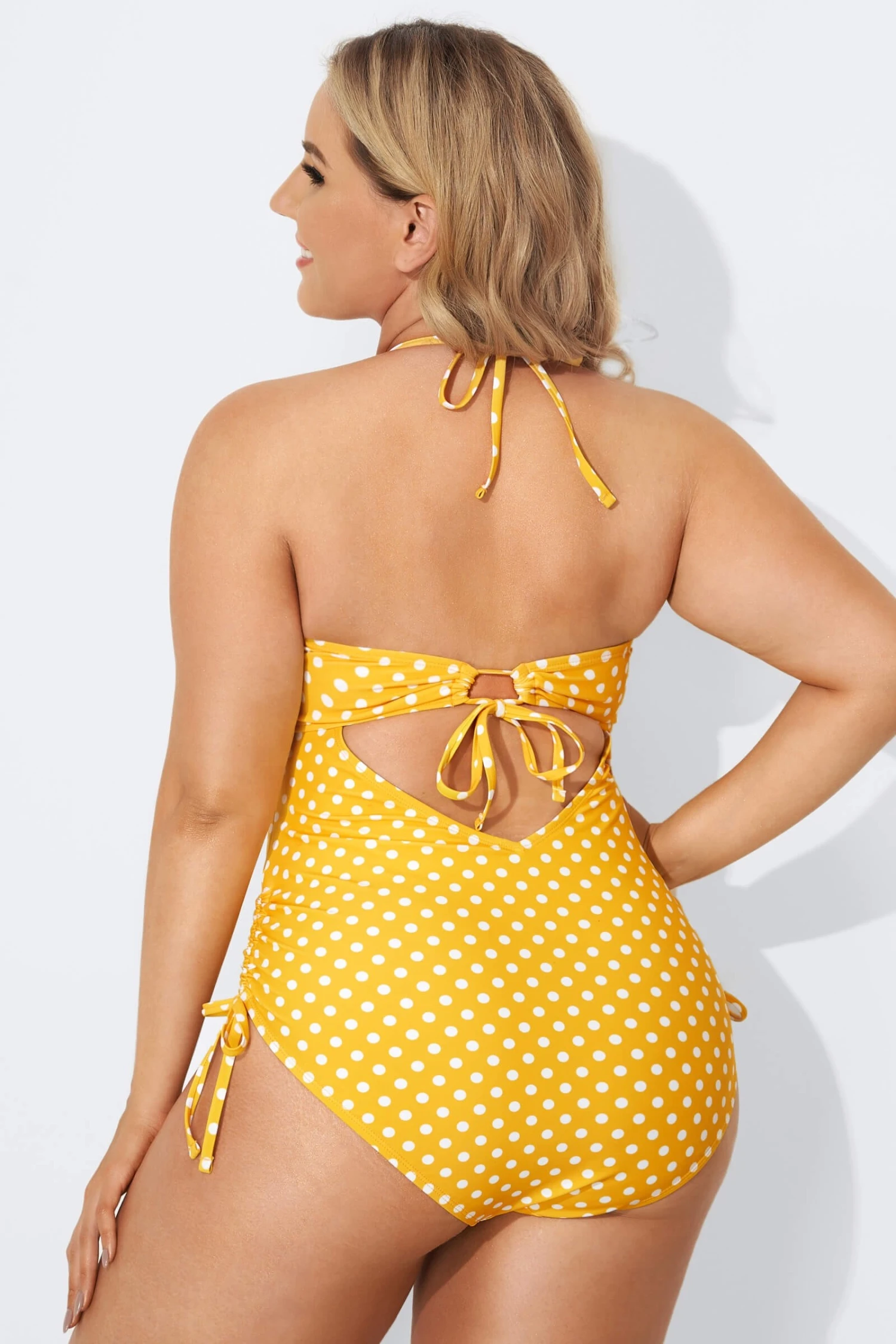 Yellow Self-Tie Halter Dot One Piece Swimsuit 2 Yellow Self-Tie Halter Dot One Piece Swimsuit - Image 2