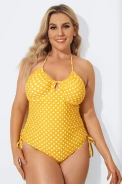 Yellow Self-Tie Halter Dot One Piece Swimsuit 6 Yellow Self-Tie Halter Dot One Piece Swimsuit -Sandy Bikinis Shop b sfop2003088 3