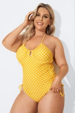 Yellow Self-Tie Halter Dot One Piece Swimsuit 7 Yellow Self-Tie Halter Dot One Piece Swimsuit -Sandy Bikinis Shop b sfop2003088 4