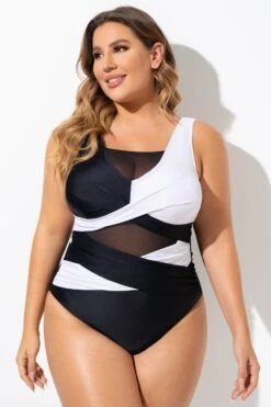 Black & White Sexy Cut Out Mesh One Piece Swimsuit