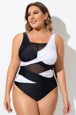 Black & White Sexy Cut Out Mesh One Piece Swimsuit -Sandy Bikinis Shop b sfop2003276 4