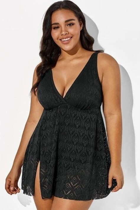 Black Crochet Side Slit V-Neck Graceful Swimdress 4 Black Crochet Side Slit V-Neck Graceful Swimdress - Image 4