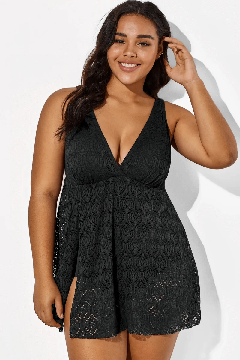 Black Crochet Side Slit V-Neck Graceful Swimdress 1 Black Crochet Side Slit V-Neck Graceful Swimdress